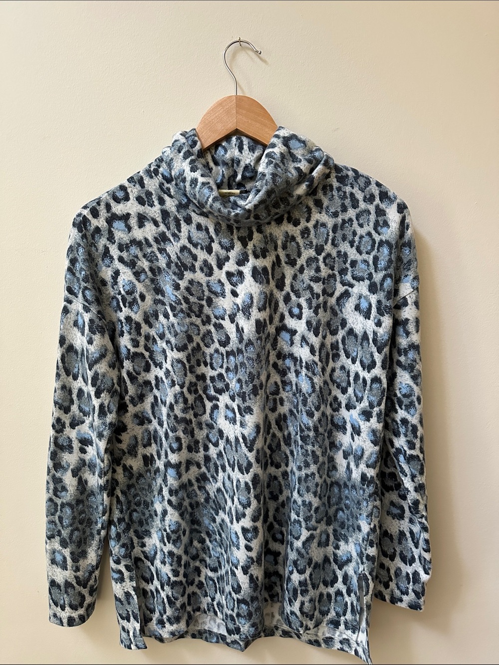 Vintage Leopard Print Cowlneck Sweater in Gray & Black